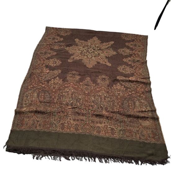 Pashmina Scarf Brown Silk Fringe Rectangle Wrap Boho Paisley 27X69 - Picture 3 of 12